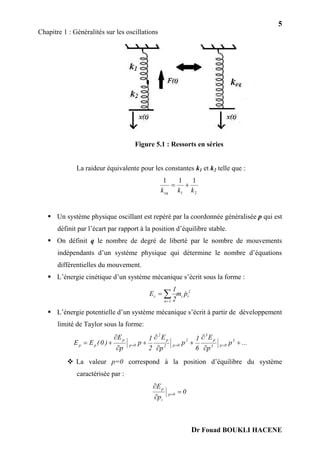 5
Chapitre 1 : Généralités sur les oscillations
Dr Fouad BOUKLI HACENE
Figure 5.1 : Ressorts en séries
La raideur équivalente pour les constantes k1 et k2 telle que :
2
1
1
1
1
k
k
keq


 Un système physique oscillant est repéré par la coordonnée généralisée p qui est
définit par l’écart par rapport à la position d’équilibre stable.
 On définit q le nombre de degré de liberté par le nombre de mouvements
indépendants d’un système physique qui détermine le nombre d’équations
différentielles du mouvement.
 L’énergie cinétique d’un système mécanique s’écrit sous la forme :
2
i
i
1
n
c p
m
2
1
E 



 L’énergie potentielle d’un système mécanique s’écrit à partir de développement
limité de Taylor sous la forme:
...
p
p
E
6
1
p
p
E
2
1
p
p
E
)
0
(
E
E 3
0
p
3
p
3
2
0
p
2
p
2
0
p
p
p
p 









 


 La valeur p=0 correspond à la position d’équilibre du système
caractérisée par :
0
p
E
0
p
i
p




 