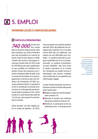 5. emploi
Favoriser l’accès à l’emploi des jeunes
Rappel de la problématique

740 000

jeunes font

trois ans après avoir quitté le système

leur entrée

éducatif, 85% des diplômés de l’en-

dans la vie active chaque année, dans

seignement supérieur ont un emploi

des conditions qui varient fortement

contre 48% des non diplômés. Les

avec les fluctuations du marché du

raisons de ces difficultés sont mul-

travail. Avec la crise, depuis mi 2008,

tiples : un système éducatif qui pré-

l’emploi des jeunes a davantage re-

pare imparfaitement à la vie profes-

culé que l’emploi total. En 2013, près

sionnelle, un système d’orientation

de 100 000 jeunes sans qualification

souvent défaillant, des liens entre

ou peu qualifiés ont bénéficié d’un

la sphère éducative et le monde

emploi d’avenir leur assurant une in-

de l’entreprise qui restent encore à

sertion professionnelle durable, avec

développer, des acteurs multiples

un accès à la formation et un accom-

mal coordonnés et une répartition de

pagnement, à la fois au sein et à l’ex-

l’effort public inégale.

térieur de l’entreprise. 50 000 nouveaux emplois d’avenir s’y ajouteront

Le plan Priorité Jeunesse vise donc à

en 2014, contribuant à conforter la di-

favoriser l’accès à l’emploi des jeunes

minution du chômage des jeunes ob-

selon quatre axes :

servée depuis quelques mois, même

n  ettre en place le contrat de généM

si près d’un quart des jeunes actifs de
15 à 24 ans, sont aujourd’hui demandeurs d’emploi.
Cette situation est très inégale selon le niveau de diplôme : en 2010,

ration (mesure 14)
n  timuler et soutenir les initiatives
S
des jeunes créateurs (mesure 15)
n  enforcer le partenariat entre les
R
établissements d’enseignement

En 2010, trois ans
après avoir quitté
le système éducatif,
85% des diplômés
de l’enseignement
supérieur ont
un emploi
contre 48%
des non diplômés.

 