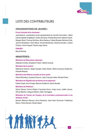 Liste des contributeurs
Organisations de jeunes :
Forum français de la Jeunesse :
Janie Morice, coordinatrice et les représentants du Comité d’animation : Marie
Camier, Bastien Engelbach, Coline Vanneroy, Charles Bozonnet, Maixent Genet,
Morgan Ravel, Thomas Verchere, Alice Gerbaux, Fabien Brosset, Bertrand Coly,
Jeanne Vanderkam, Kévin Bikoy, Vincent Bordenave, Sandra Carvalho, Juliane
Charton, Anne Fraquet, Pauline Jagu-David
CNAJEP :
Benoît Michak

Ministères :
Ministère de l’Éducation nationale :
Stéphane Cortes, Ghyslaine Fritsch, Hélène Ouanas
Ministère de la Justice :
Stéphanie Audouin, Serge Canapé, Claire Danko, Marie-Laurence Guillaume,
Pascale Mossan
Ministère des Affaires sociales et de la santé :
Olivier Bachelery, Guylaine Chauvin, Jean-François Hatte, Nicolas Prisse
Ministère de l’Égalité des territoires et du logement :
Fabien Cayla, Anne Cinget, Blanche Guillemot, Sylvie Ravalet
Ministère de l’Intérieur :
Sylvie Calves, Franck Elbakir, Françoise Gouin, Hugo Louis, Joëlle Lukusa,
Olivier Mainfroi, Grégoire Méchin, Marc Tschiggrey
Ministère du Travail, de l’emploi, de la formation professionnelle et du
dialogue social :
Myriam Mesclon-Ravaud, Anna Peresson, Jean-Henri Pyronnet, Frédérique
Racon, Pierre Ramain, Daniel Vatant

67

 