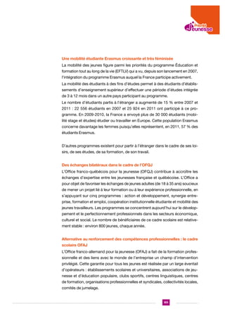 Une mobilité étudiante Erasmus croissante et très féminisée
La mobilité des jeunes figure parmi les priorités du programme Éducation et
formation tout au long de la vie (EFTLV) qui a vu, depuis son lancement en 2007,
l’intégration du programme Erasmus auquel la France participe activement.
La mobilité des étudiants à des fins d’études permet à des étudiants d’établissements d’enseignement supérieur d’effectuer une période d’études intégrée
de 3 à 12 mois dans un autre pays participant au programme.
Le nombre d’étudiants partis à l’étranger a augmenté de 15 % entre 2007 et
2011 : 22 556 étudiants en 2007 et 25 924 en 2011 ont participé à ce programme. En 2009-2010, la France a envoyé plus de 30 000 étudiants (mobilité stage et études) étudier ou travailler en Europe. Cette population Erasmus
concerne davantage les femmes puisqu’elles représentent, en 2011, 57 % des
étudiants Erasmus.
D’autres programmes existent pour partir à l’étranger dans le cadre de ses loisirs, de ses études, de sa formation, de son travail.
Des échanges bilatéraux dans le cadre de l’OFQJ
L’Office franco-québécois pour la jeunesse (OFQJ) contribue à accroître les
échanges d’expertise entre les jeunesses française et québécoise. L’Office a
pour objet de favoriser les échanges de jeunes adultes (de 18 à 35 ans) soucieux
de mener un projet lié à leur formation ou à leur expérience professionnelle, en
s’appuyant sur cinq programmes : action et développement, synergie entreprise, formation et emploi, coopération institutionnelle étudiante et mobilité des
jeunes travailleurs. Les programmes se concentrent aujourd’hui sur le développement et le perfectionnement professionnels dans les secteurs économique,
culturel et social. Le nombre de bénéficiaires de ce cadre scolaire est relativement stable : environ 800 jeunes, chaque année.
Alternative au renforcement des compétences professionnelles : le cadre
scolaire OFAJ
L’Office franco-allemand pour la jeunesse (OFAJ) a fait de la formation professionnelle et des liens avec le monde de l’entreprise un champ d’intervention
privilégié. Cette garantie pour tous les jeunes est réalisée par un large éventail
d’opérateurs : établissements scolaires et universitaires, associations de jeunesse et d’éducation populaire, clubs sportifs, centres linguistiques, centres
de formation, organisations professionnelles et syndicales, collectivités locales,
comités de jumelage.

105

 