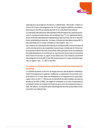 nationale d’un jeune âgé de 18 à 28 ans. L’effectif total – VIE et VIA – s’élève à 7
518 en 2012 avec une progression de 18 % par rapport à 2009 et une prépondérance pour les VIE qui représentent 98 % du volontariat international.
Le volontariat international en administration (VIA) est réservé aux personnes pouvant s’y consacrer à plein temps. Ne constituant que 2 % du volontariat international, le VIA est majoritairement représenté par des hommes, soit 55 % des VIA.
Autre caractéristique observée : le niveau d’études est très élevé puisque 86 %
des volontaires ont un niveau d’études au moins égal à « bac + 5 ».
Les missions de volontariat international en entreprise (VIE) s’inscrivent dans la
continuité des actions de coopération économique menées par la France depuis plusieurs décennies avec divers États. Elles participent ainsi aux politiques
de codéveloppement et contribuent au rayonnement économique et industriel
de la France en Europe, au Japon et aux États-Unis. Ces missions concernent
davantage les hommes (66 % des VIE) et les jeunes d’un niveau d’études supérieur ou égal à « bac + 5 » (90 % des VIE).
Les stages en entreprise dans le cadre Erasmus intéressent davantage les
étudiantes
La mobilité étudiante à des fins de stage permet à des étudiants d’établissements d’enseignement supérieur d’effectuer un placement d’une durée comprise entre 3 et 12 mois dans une entreprise ou un organisme d’un pays participant. Ainsi, en 2011, 7 345 jeunes ont bénéficié de cette mobilité, soit plus du
double qu’en 2007 (3 389). Les stages en entreprise ou au sein d’organisations
constituent l’action du programme Erasmus qui a connu la croissance la plus rapide. Par ailleurs, ce dispositif attire davantage les femmes puisqu’elles constituent 55 % de l’effectif total.

109

 