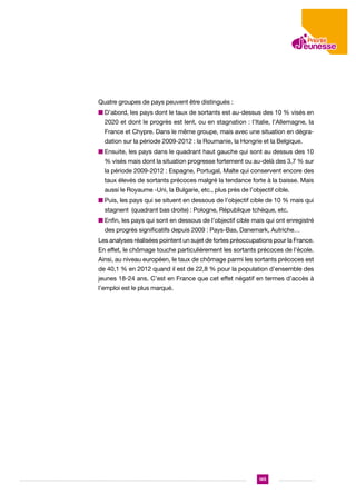 Quatre groupes de pays peuvent être distingués :
n  ’abord, les pays dont le taux de sortants est au-dessus des 10 % visés en
D
2020 et dont le progrès est lent, ou en stagnation : l’Italie, l’Allemagne, la
France et Chypre. Dans le même groupe, mais avec une situation en dégradation sur la période 2009-2012 : la Roumanie, la Hongrie et la Belgique.
n  nsuite, les pays dans le quadrant haut gauche qui sont au dessus des 10
E
% visés mais dont la situation progresse fortement ou au-delà des 3,7 % sur
la période 2009-2012 : Espagne, Portugal, Malte qui conservent encore des
taux élevés de sortants précoces malgré la tendance forte à la baisse. Mais
aussi le Royaume -Uni, la Bulgarie, etc., plus près de l’objectif cible.
n  uis, les pays qui se situent en dessous de l’objectif cible de 10 % mais qui
P
stagnent (quadrant bas droite) : Pologne, République tchèque, etc.
n  nfin, les pays qui sont en dessous de l’objectif cible mais qui ont enregistré
E
des progrès significatifs depuis 2009 : Pays-Bas, Danemark, Autriche…
Les analyses réalisées pointent un sujet de fortes préoccupations pour la France.
En effet, le chômage touche particulièrement les sortants précoces de l’école.
Ainsi, au niveau européen, le taux de chômage parmi les sortants précoces est
de 40,1 % en 2012 quand il est de 22,8 % pour la population d’ensemble des
jeunes 18-24 ans. C’est en France que cet effet négatif en termes d’accès à
l’emploi est le plus marqué.

145

 