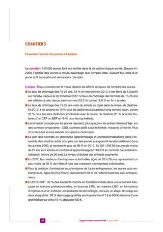 CHANTIER 5
Favoriser l’accès des jeunes à l’emploi

Le constat : 740 000 jeunes font leur entrée dans la vie active chaque année. Depuis mi2008, l’emploi des jeunes a reculé davantage que l’emploi total. Aujourd’hui, près d’un
jeune actif sur quatre est demandeur d’emploi.
L’enjeu : Mieux coordonner et mieux répartir les efforts en faveur de l’emploi des jeunes.
n  e taux de chômage des 15-29 ans, 18 % en moyenne en 2012, s’est élevé de 1,5 point
L
sur l’année. Depuis le 2e trimestre 2012, le taux de chômage des femmes de 15-29 ans
est inférieur à celui des jeunes hommes (18,5 % contre 18,8 % en fin d’année).
n  e taux de chômage des 15-29 ans varie du simple au triple selon le niveau de diplôme.
L
En 2012, il est proche de 10 % pour les diplômés du supérieur long comme court, contre
37 % pour les sans diplômes, et il baisse avec le niveau de diplôme (21 % pour les titulaires d’un CAP ou BEP et 16 % pour les bacheliers).
n  es emplois occupés par les jeunes reposent, plus que pour les autres classes d’âge, sur
L
des contrats temporaires : CDD, contrats aidés à durée limitée, missions d’intérim. Plus
d’un tiers des jeunes salariés occupent un tel emploi.
n  a part des contrats en alternance (apprentissage et professionnalisation) dans l’enL
semble des emplois aidés occupés par des jeunes a augmenté tendanciellement dans
les années 2000, et représente plus de 90 % en 2012. En 2011 295 044 jeunes de moins
de 25 ans sont entrés en contrats d’apprentissage et 140 674 en contrats de professionnalisation (moins de 26 ans). Le niveau d’études des entrants augmente.
n  n 2012, les créateurs d’entreprises individuelles âgés de 20 à 29 ans représentent un
E
peu moins de 30 % de l’effectif total des créateurs d’entreprises individuelles.
n  our la création d’entreprise sous le régime de l’auto-entrepreneur, les jeunes auto-enP
trepreneurs, âgés de 20 à 29 ans, représentent 30 % de l’effectif total des auto-entrepreneurs.
n  n 2010-2011, 32 % des étudiants inscrits en formation initiale dans une université franE
çaise en licences professionnelles, en licences LMD, en masters LMD, en formations
d’ingénieurs et en instituts universitaires de technologie, ont suivi un stage. Un stage sur
deux est gratifié : 69 % des stages gratifiés se situent entre 417 € et 600 € et moins d’une
gratification sur cinq (19 %) dépasse 600 €.

20

Rapport version provisoire RIM  |  16 janvier 2014

 