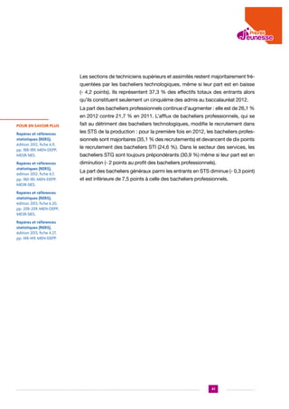 Les sections de techniciens supérieurs et assimilés restent majoritairement fréquentées par les bacheliers technologiques, même si leur part est en baisse
(- 4,2 points). Ils représentent 37,3 % des effectifs totaux des entrants alors
qu’ils constituent seulement un cinquième des admis au baccalauréat 2012.
La part des bacheliers professionnels continue d’augmenter : elle est de 26,1 %
en 2012 contre 21,7 % en 2011. L’afflux de bacheliers professionnels, qui se
POUR EN SAVOIR PLUS
Repères et références
statistiques (RERS),
édition 2012, fiche 6.11,
pp. 188-189, MEN-DEPP,
MESR-SIES.
Repères et références
statistiques (RERS),
édition 2012, fiche 6.7,
pp. 180-181, MEN-DEPP,
MESR-SIES.

fait au détriment des bacheliers technologiques, modifie le recrutement dans
les STS de la production : pour la première fois en 2012, les bacheliers professionnels sont majoritaires (35,1 % des recrutements) et devancent de dix points
le recrutement des bacheliers STI (24,6 %). Dans le secteur des services, les
bacheliers STG sont toujours prépondérants (30,9 %) même si leur part est en
diminution (- 2 points au profit des bacheliers professionnels).
La part des bacheliers généraux parmi les entrants en STS diminue (- 0,3 point)
et est inférieure de 7,5 points à celle des bacheliers professionnels.

Repères et références
statistiques (RERS),
édition 2013, fiche 6.20,
pp. 208-209, MEN-DEPP,
MESR-SIES.
Repères et références
statistiques (RERS),
édition 2013, fiche 4.27,
pp. 148-149, MEN-DEPP.

41

 