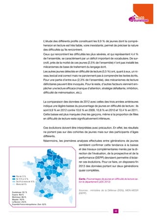L’étude des différents profils constituant les 9,9 % de jeunes dont la compréhension en lecture est très faible, voire inexistante, permet de préciser la nature
des difficultés qu’ils rencontrent.
Ceux qui rencontrent les difficultés les plus sévères, et qui représentent 4,4 %
de l’ensemble, se caractérisent par un déficit important de vocabulaire. De surcroît, près de la moitié de ces jeunes (2,5% de l’ensemble) n’ont pas installé les
mécanismes de base de traitement du langage écrit.
Les autres jeunes détectés en difficulté de lecture (5,5 %) ont, quant à eux, un niveau lexical oral correct mais ne parviennent pas à comprendre les textes écrits.
Pour une partie d’entre eux (2,3% de l’ensemble), des mécanismes de lecture
déficitaires peuvent être invoqués. Pour le reste, d’autres facteurs viennent empêcher une lecture efficace (manque d’attention, stratégie défaillante, inhibition,
difficulté de mémorisation, etc.).
La comparaison des données de 2012 avec celles des trois années antérieures
indique une légère baisse du pourcentage de jeunes en difficulté de lecture : ils
sont 9,9 % en 2012 contre 10,6 % en 2009, 10,8 % en 2010 et 10,4 % en 2011.
Cette baisse est plus marquée chez les garçons, même si la proportion de filles
en difficulté de lecture reste significativement inférieure.
Ces évolutions doivent être interprétées avec précaution. En effet, les résultats
ne portent pas sur des cohortes de jeunes mais sur des participants d’âges
différents.
Néanmoins, les premières analyses effectuées entre générations de jeunes
semblent confirmer cette tendance à la baisse
et des travaux complémentaires menés par la direction de l’évaluation, de la prospective et de la
performance (DEPP) devraient permettre d’éclairer ces évolutions. Pour ce faire, on disposera fin
2013 des données portant sur deux générations
quasi complètes.
Carte. Pourcentages de jeunes en difficulté de lecture selon le département (JDC 2012)

Guadeloupe : 33,1 %
Guyane : 48,4 %
Martinique : 30,4 %
Mayotte : 74,9 %
La Réunion : 27,6 %
Ensemble France métropolitaine + Dom : 9,9 %

Sources : ministère de la Défense (DSN), MEN-MESR
(DEPP).

43

 