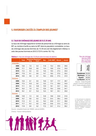 5. Favoriser l’accès à l’emploi des jeunes5

5.1. Taux de chômage des jeunes de 15 à 29 ans
Le taux de chômage rapporte le nombre de personnes au chômage au sens du
BIT, au nombre d’actifs au sens du BIT dans la population considérée. Le taux
de chômage des jeunes femmes de 15-29 ans est très légèrement inférieur à
celui des jeunes hommes en 2012 (17,8 % contre 18,1 %).

Supérieur Supérieur
long
court

Bac

CAP, BEP

Brevet

Aucun

ensemble
2008

13,6

7,0

6,3

11,8

15,4

20,6

29,6

2009

17,1

10,0

8,6

14,4

19,9

27,6

34,9

2010

17,2

9,3

9,5

14,6

19,0

27,5

35,9

2011

17,0

9,1

8,6

14,7

19,5

27,0

35,5

2012

18,0

9,8

9,7

16,4

20,6

27,5

37,0

2008

13,3

6,7

6,0

10,8

12,7

17,7

28,7

2009

17,5

10,3

9,0

13,5

17,4

26,9

34,9

2010

17,1

9,5

10,8

12,9

16,1

24,7

34,5

2011

16,4

7,9

9,3

12,6

16,4

23,8

34,7

2012

18,1

9,7

10,2

15,5

18,7

25,1

13,9

7,3

6,6

12,8

19,8

24,8

16,7

9,8

8,3

15,2

24,4

28,5

34,9

2010

17,3

9,1

8,5

16,3

23,9

31,7

38,8

2011

17,7

10,1

8,0

16,9

24,6

31,5

37,3

2012

17,8

9,9

9,2

17,3

23,7

31,4

39,2

45,9%
47,1%
40,9%
45,7%

31,6

2009

Guadeloupe
Martinique
Guyane
La Réunion

35,9

2008

Taux de
chômage

Total

Taux de chômage
dans les DOM
des 15-29 ans
(hors Mayotte)
Territoires

Tableau 1. Taux de chômage des 15-29 ans selon le niveau de diplôme

hommes

Source : Insee-Enquête
emploi continue métropole
2012, Insee-enquête emploi
DOM 2012

femmes

Source : enquête Emploi de l’INSEE, calculs DARES.
Champ : France métropolitaine.

5. Ont participé à la rédaction
de cette section : ministère du
Travail, de l’Emploi, de la Formation professionnelle et du
Dialogue social (DARES) ; ministère du Redressement productif
/DGCIS ; CEREQ ; enseignement supérieur.

 