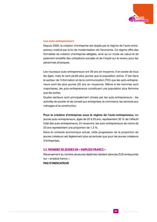 Les auto-entrepreneurs
Depuis 2009, la création d’entreprise est dopée par le régime de l’auto-entrepreneur institué par la loi de modernisation de l’économie. Ce régime offre des
formalités de création d’entreprise allégées, ainsi qu’un mode de calcul et de
paiement simplifié des cotisations sociales et de l’impôt sur le revenu pour les
personnes physiques.
Les nouveaux auto-entrepreneurs ont 39 ans en moyenne. Il en existe de tous
les âges, mais ils sont plutôt plus jeunes que la population active. C’est dans
le secteur de l’information et de la communication (TIC) que les auto-entrepreneurs sont les plus jeunes (35 ans en moyenne). Même si les hommes sont
majoritaires, les auto-entrepreneurs constituent une population plus féminine
que les autres.
Quatre secteurs sont principalement choisis par les auto-entrepreneurs : les
activités de soutien et de conseil aux entreprises, le commerce, les services aux
ménages et la construction.
Pour la création d’entreprise sous le régime de l’auto-entrepreneur, les
jeunes auto-entrepreneurs, âgés de 20 à 29 ans, représentent 30 % de l’effectif
total des auto-entrepreneurs. En revanche, les auto-entrepreneurs de moins de
20 ans représentent une proportion de 1,3 %.
Dans le contexte économique actuel, cette progression de la proportion de
jeunes créateurs est légèrement plus accentuée que pour les jeunes créateurs
d’entreprises.

5.5. Nombre de jeunes en « emplois francs »
Recensement du nombre de jeunes diplômés résidant dans les ZUS embauchés
sur « emplois francs ».
PAS D’INDICATEUR

69

 