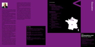 >




                                                                                                                                                                                                                   Éducation
                                                                                                                                       p Au sommaire
                                                supérieures. C’est en préparant au mieux la
                                                jeunesse aujourd’hui que nous pouvons lui
                                                assurer un meilleur avenir. Les équipements
                                                individuels et collectifs, largement utilisés,                                         Interview
                                                participeront à la réduction de la fracture                                            170 Jean-Michel Fourgous,
                                                sociale.                                                                                   maire d’Élancourt, député des
                                                J’ajoute que le Conseil régional Nord Pas-                                                 Yvelines, docteur en psychologie,
                                                de-Calais travaille depuis longtemps la                                                    ingénieur de recherche
primaire ou dans le secondaire, suscitent       question tellement sensible, car révéla-                                                   à l’Éducation nationale
un intérêt renouvelé de la part des élèves      trice d’inégalités territoriales, de l’accès au
depuis que les enseignants leur font utiliser   très haut débit. Ainsi, en novembre 2009,
le logiciel Google Earth.                       le Conseil régional Nord Pas-de-Calais a                                               Initiatives
L’enseignant devient celui qui valide les re-   lancé la conférence numérique régionale                                                172 Les TIC, piliers de l’école
cherches, aide à repérer les sources dignes     avec plusieurs chantiers importants dont le                                                numérique rurale
de confiance, développe l’esprit critique       schéma directeur pour le déploiement du                                                    Signy-le-Petit
d’élèves qui travaillent en groupes.            très haut débit en Nord Pas-de-Calais. Avec
                                                                                                                                       174 “As-tu fait tes devoirs
Les technologies actuelles semblent donner      ce schéma directeur, il s’agit d’élaborer un
raison au discours tenu il y a dix ans an-      outil de cadrage de la montée en débit des
                                                                                                                                           numériques ?”
nonçant, avec l’ère du numérique, la fin de     territoires, fixe et mobile, et de leur évolution
                                                                                                                                           Olmi-Cappella
l’enseignement traditionnel.                    vers le très haut débit.p                                                              176 Mon collège en un clic
Les conseils généraux pour les collèges                                                                                                    Eure
et les conseils régionaux pour les lycées                                                                                              178 Lycées en réseau
consentent de gros efforts financiers et l’on                                                                                              Limousin
considère aujourd’hui que nombre d’éta-
blissements scolaires sont suffisamment                                                                                                180 L’école rurale entre
équipés.                                                                                                                                   dans l’ère numérique
Les nouvelles technologies tirent le niveau                                                                                                Penchard
de la classe vers le haut. Et pour cause.                                                                                              182 Un Environnement
Dans une classe traditionnelle de lycée,                                           p En chiffres                                           numérique pour apprentis
l’enseignant pose une question aux 30 ou                                                                                                   Var
35 élèves, l’un deux y répond et on passe                                          12 millions C’est le nombre d’élèves
à la suite. À l’inverse, ces technologies                                          scolarisés dans les écoles, collèges et lycées
permettent un apprentissage individualisé :                                        en France (2 millions dans le privé).
chaque élève peut se repasser l’extrait so-
nore jusqu’à ce qu’il l’ait assimilé.                                              565 000 C’est le nombre d’apprentis.
Les nouvelles technologies permettent éga-
lement d’améliorer l’expression orale.                                             857 000 C’est le nombre d’enseignants                                                             Sur
L’enseignement des langues vivantes, do-
maine où la France accuse un certain retard,
                                                                                   dans les écoles, collèges et lycées (publics
                                                                                   et privés).
                                                                                                                                                                                     parolesdelus.com
me semble pouvoir bénéficier de l’utilisation                                                                                                                                        retrouvez aussi :
des nouvelles technologies.
Ainsi le numérique peut et doit prendre
                                                                                   66 288 C’est le nombre d’écoles,                                                                  p En direct d’Oxford…
                                                                                   collèges et lycées (54 875 écoles, 7 031 collèges
toute sa place pour permettre à l’école de                                                                                                                                           p Pour une communauté d’e-éducation
                                                                                   et 2 630 lycées).                                                                                 p Démarches en ligne pour les familles
répondre à de multiples défis : motiver les
élèves, augmenter le niveau scolaire dans                                                                                                                                            p L’école n’a plus de secret pour
                                                                                                                                                                                       les parents !
l’ensemble des métiers, aider nos élèves
                                                                                                                                                                                     p Edunet, un portail des écoles
qui, en Nord Pas-de-Calais plus qu’ailleurs,                                                                                                                                           et des parents
peinent à poursuivre leurs études et prépa-                                                                                                                                          p Gerville, premier sur la classe mobile
rer les générations de demain aux études
                                                                                                                                                                                     …et d’autres sujets
                                                                      168                                                                                                      169
 