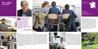 Mon collège                                                                                                                                                                 Conseilparoles d’élus p territoires numériques
                                                                                                                                                                            (Eure)
                                                                                                                                                                                    général

en un clic


                                                                                                                                                                            p Contact
                                                                                                                                                                            Aurélie Lefebvre
                                                                                                                                                                            Tél. : 02 32 31 93 53
                                                                                                                                                                            Courriel : aurelie.lefebvre@cg27.fr
                                                                                                                                                                            www.eure-en-ligne.fr




              ‘‘
                      Nous avons mis en                                                                                                                                    p Bilan et perspectives
                      place des politiques                                                                                                                                 Les résultats de cette expérience dépendent du
                      permettant de                                                                                                                                        degré de maturation dans la maîtrise des TIC
              contribuer à la réussite                                                                                                                                     des différents collèges. La réussite du projet est
              éducative des collégiens                                                                                                                                     très directement liée à l’implication des chefs
              de l’Eure et de réduire                                                                                                                                      d’établissement et des professeurs, ainsi qu’à
              les inégalités sociales et                                                                                                                                   la formation et l’accompagnement par le four-
                                                                                                                                                                           nisseur. L’identification des apports de l’ENT
              territoriales. Les TIC ont                                                                                                                                   et des facteurs-clés de succès alimentera un
              constitué à cet égard un outil                                                                                                                               cahier des charges en vue d’une éventuelle
              essentiel pour atteindre nos                                                                                                                                 généralisation de l’expérience sur l’ensemble
              objectifs.”                                                                                                                                                  du territoire régional à l’horizon 2011.
                                   Jean-Louis Destans,
                      président du Conseil général de l’Eure



              p Projet                                            p Enjeux                                            p Mise en œuvre
              Plateforme collaborative, l’Espace numérique        L’objectif de l’ENT est de bénéficier de l’apport   Initialement mise en œuvre sur une plateforme
              de travail (ENT) établit une relation permanente    des TIC dans les processus d’apprentissage.         de logiciel libre (Collaba) pour la première année
              entre les membres de la communauté éduca-           Pour les chefs d’établissement, il expérimente      scolaire 2008-2009, l’ENT a migré vers une
              tive (enseignants, élèves, personnel, parents…)     une nouvelle organisation du travail et une         autre plateforme technique (ITOP) à la rentrée
              et leur offre un point d’accès unique selon leurs   meilleure communication entre les membres de        2009, dont l’ergonomie permet une appropria-
              fonctions : espace personnel de travail, travaux    la communauté. Pour les collégiens de l’Eure,       tion plus rapide et bénéficiant d’un meilleur
              en groupe, accès à l’emploi du temps, notes         l’ENT offre un espace de travail confortable et     support technique. L’adaptation des différents
              et ressources en ligne (encyclopédie, logiciel de   interactif, tout en les formant à la maîtrise des   acteurs à ce nouvel outil technique a mis en
              remédiation scolaire). Déployé sur six collèges     TIC et au mode de travail collaboratif dans un      lumière l’importance de l’accompagnement
              pilotes (3 000 élèves), en partenariat avec le      souci de réussite éducative, afin que leur niveau   au changement par le partenaire (Orange et
              rectorat de Rouen, l’ENT facilite le développe-     de formation initiale soit équivalent au niveau     ITOP) dans la réussite de ce type d’expérience,
              ment des usages et des projets avec la com-         national.                                           intégralement financée par le Conseil général.
              munauté éducative.


                                    176                                                                                                      177
 