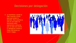 Decisiones por delegación
se manifiesta cuando el
líder autoriza a otros
para que tomen la
decisión. Este sistema es
útil en casi todas las
decisiones sobre
operaciones rutinarias
que se salen de control.
La delegación enseña a
tomar decisiones ya
correr riesgos.