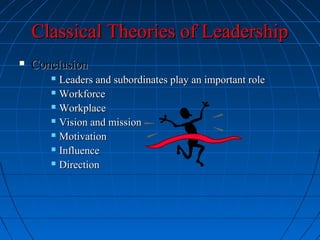 Classical Theories of LeadershipClassical Theories of Leadership
 ConclusionConclusion
 Leaders and subordinates play an important roleLeaders and subordinates play an important role
 WorkforceWorkforce
 WorkplaceWorkplace
 Vision and missionVision and mission
 MotivationMotivation
 InfluenceInfluence
 DirectionDirection
 