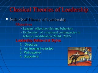 Classical Theories of LeadershipClassical Theories of Leadership
 Path-Goal Theory of LeadershipPath-Goal Theory of Leadership
ObjectivesObjectives
• Leaders’ effective roles and behaviorsLeaders’ effective roles and behaviors
• Exploration of situational contingencies inExploration of situational contingencies in
behavior modification (Malik, 2012behavior modification (Malik, 2012).).
Leadership Behavioral StylesLeadership Behavioral Styles
1. Directive1. Directive
2. Achievement-oriented2. Achievement-oriented
3. Participative3. Participative
4. Supportive4. Supportive
 
