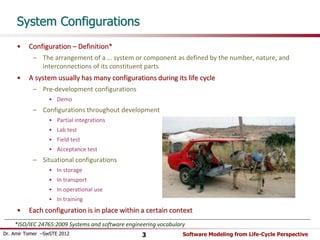 System Configurations 
• Configuration – Definition* 
– The arrangement of a … system or component as defined by the number, nature, and 
interconnections of its constituent parts 
• A system usually has many configurations during its life cycle 
– Pre-development configurations 
• Demo 
– Configurations throughout development 
• Partial integrations 
• Lab test 
• Field test 
• Acceptance test 
– Situational configurations 
• In storage 
• In transport 
• In operational use 
• In training 
• Each configuration is in place within a certain context 
*ISO/IEC 24765:2009 Systems and software engineering vocabulary 
Dr. Amir Tomer –SwSTE 2012 3 Software Modeling from Life-Cycle Perspective 
 