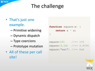 The challenge
• That’s just one
example.
– Primitive widening
– Dynamic dispatch
– Type coercions
– Prototype mutation
• All of these per call
site!
function square(x) {
return x * x;
}
square(10) //== 100
square(3.14) //== 9.8596
square("wat") //== NaN
 