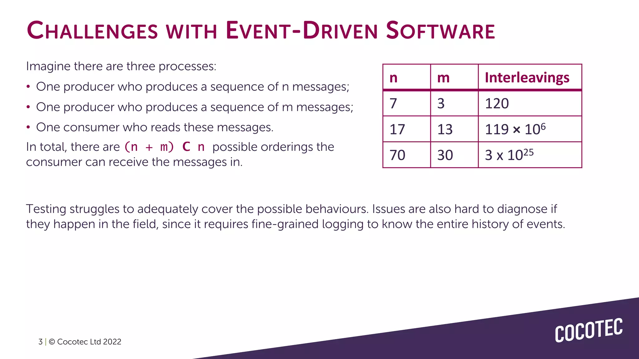 3 | © Cocotec Ltd 2022
CHALLENGES WITH EVENT-DRIVEN SOFTWARE
Imagine there are three processes:
• One producer who produces a sequence of n messages;
• One producer who produces a sequence of m messages;
• One consumer who reads these messages.
In total, there are (n + m) C n possible orderings the
consumer can receive the messages in.
n m Interleavings
7 3 120
17 13 119 × 106
70 30 3 x 1025
Testing struggles to adequately cover the possible behaviours. Issues are also hard to diagnose if
they happen in the field, since it requires fine-grained logging to know the entire history of events.
 