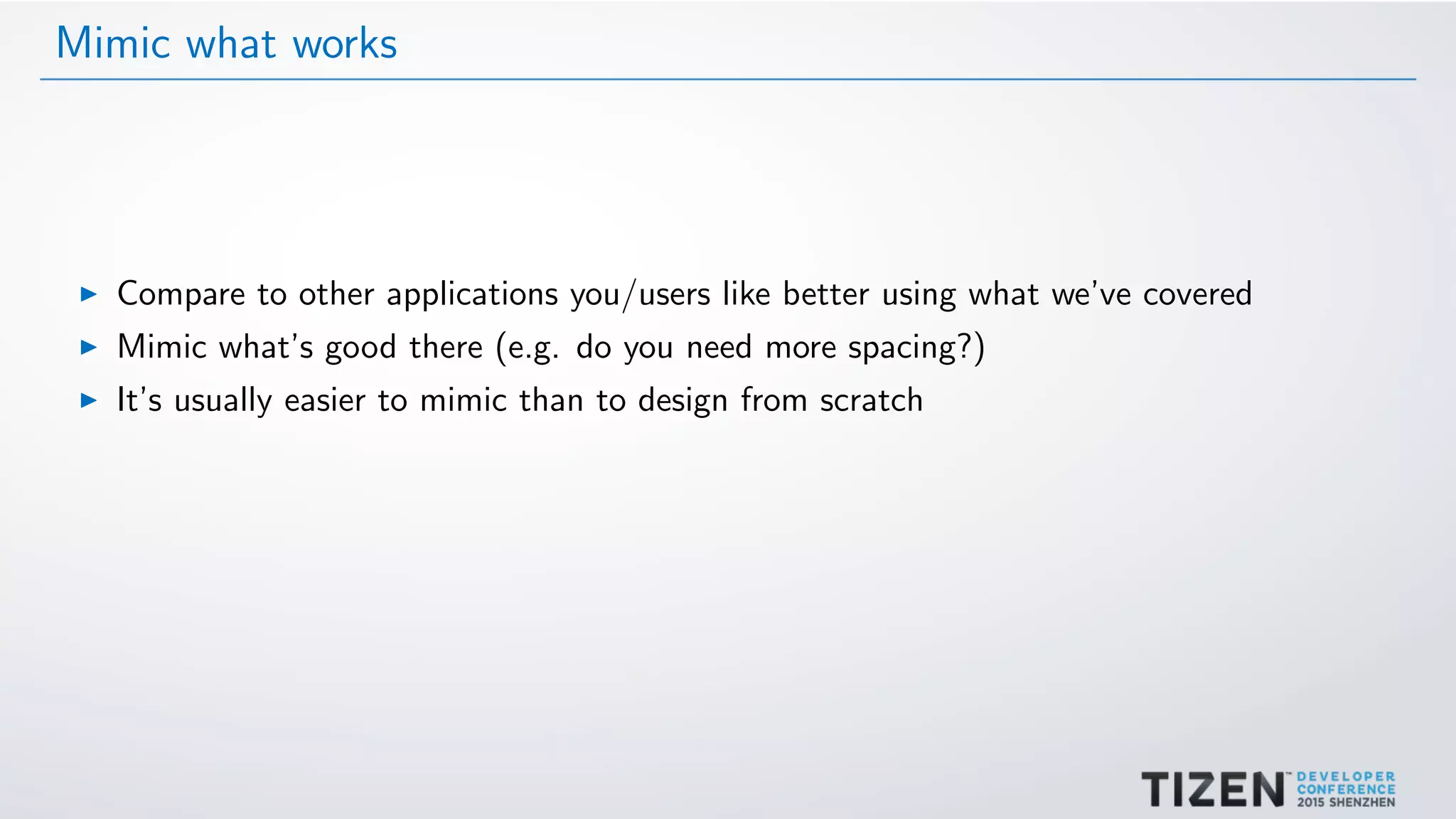 Mimic what works
Compare to other applications you/users like better using what we’ve covered
Mimic what’s good there (e.g. do you need more spacing?)
It’s usually easier to mimic than to design from scratch
 