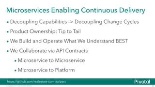 © Copyright 2015 Pivotal. All rights reserved. 20
Microservices Enabling Continuous Delivery
• Decoupling Capabilities -> Decoupling Change Cycles
• Product Ownership: Tip to Tail
• We Build and Operate What We Understand BEST
• We Collaborate via API Contracts
• Microservice to Microservice
• Microservice to Platform
https://github.com/realestate-com-au/pact
 