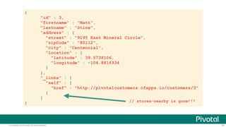 © Copyright 2015 Pivotal. All rights reserved. 47
{
"id" : 3,
"firstname" : "Matt",
"lastname" : "Stine",
"address" : {
"street" : "9195 East Mineral Circle",
"zipCode" : "80112",
"city" : "Centennial",
"location" : {
"latitude" : 39.5738106,
"longitude" : -104.8816934
}
},
"_links" : {
"self" : {
"href" : "http://pivotalcustomers.cfapps.io/customers/3"
}
}
} // stores-nearby is gone!!!
 