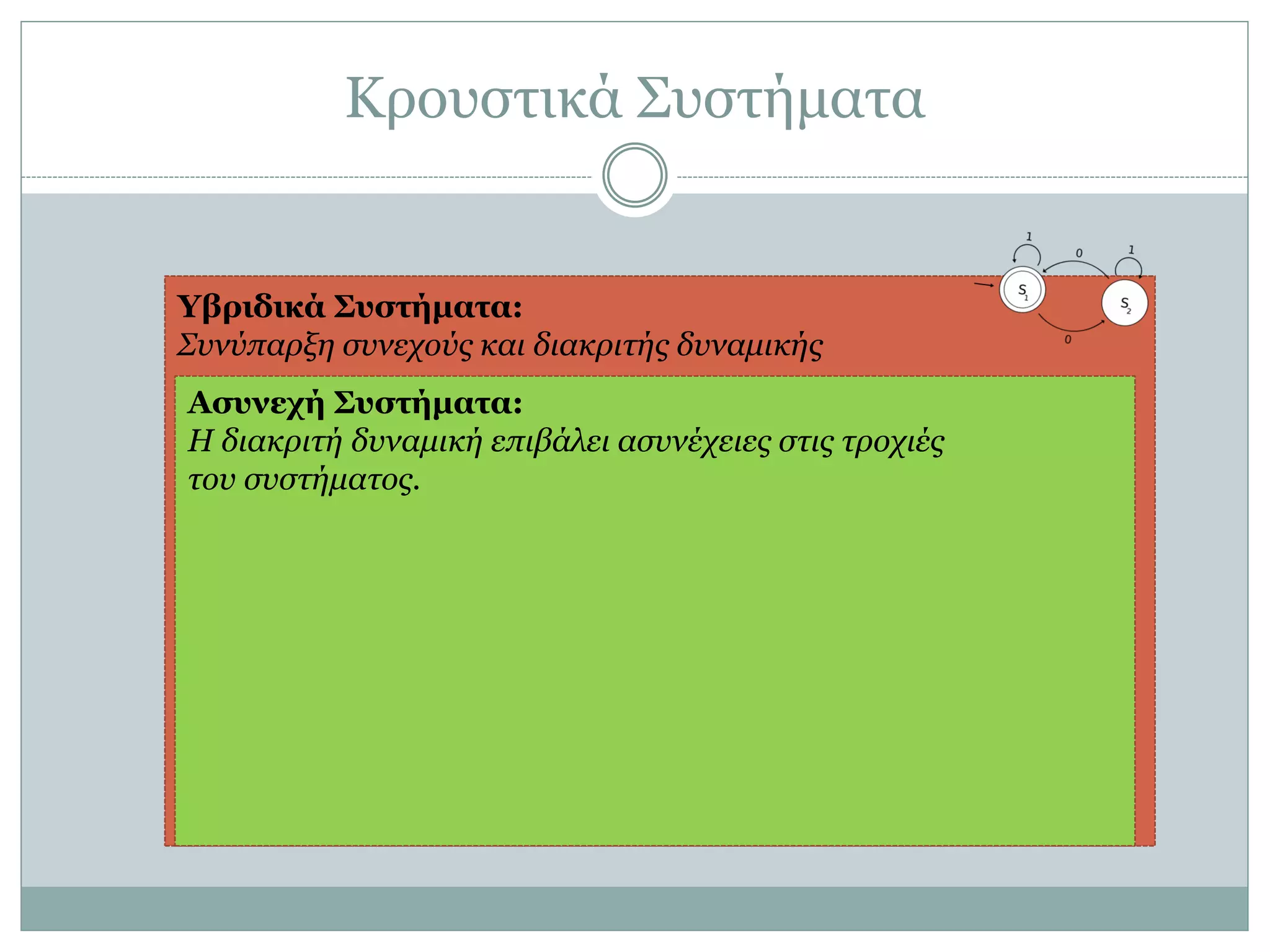 Κξνπζηηθά ΢πζηήκαηα
Υβπιδικά Σςζηήμαηα:
Σπλύπαξμε ζπλερνύο θαη δηαθξηηήο δπλακηθήο
Αζςνεσή Σςζηήμαηα:
Η δηαθξηηή δπλακηθή επηβάιεη αζπλέρεηεο ζηηο ηξνρηέο
ηνπ ζπζηήκαηνο.
 