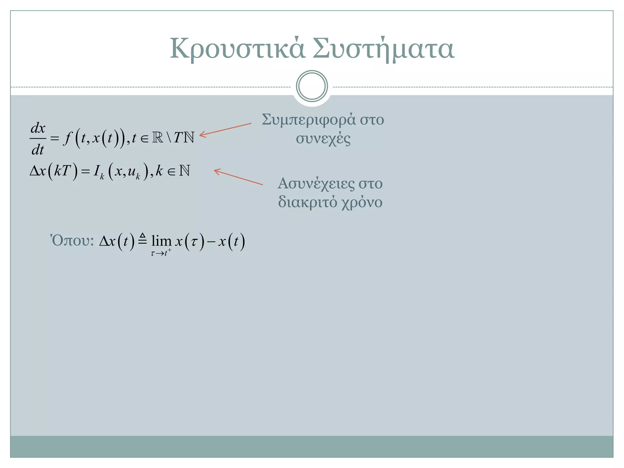 Κξνπζηηθά ΢πζηήκαηα
     lim
t
x t x x t



 
΢πκπεξηθνξά ζην
ζπλερέο
Αζπλέρεηεο ζην
δηαθξηηό ρξόλν
Όπνπ:
  
   
, , 
, ,k k
dx
f t x t t T
dt
x kT I x u k
 
  
 