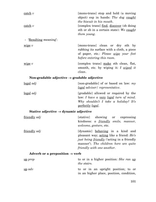 catch v

catch v

[mono-trans] stop and hold (a moving
object) esp in hands: The dog caught
the biscuit in his mouth.
[complex trans] find, discover (sb doing
sth or sb in a certain state): We caught
them young.

- ‘Resulting meaning’:
wipe v

[mono-trans] clean or dry sth by
rubbing its surface with a cloth, a piece
of paper, etc.: Please wipe your feet
before entering this room.

wipe v

[complex trans] make sth clean, flat,
smooth, etc. by wiping it: I wiped it
clean.

Non-gradable adjective → gradable adjective
legal adj

[non-gradable] of or based on law: my
legal adviser/ representative.

legal adj

[gradable] allowed or required by the
law: I have a very legal turn of mind.
Why shouldn’t I take a holiday? It’s
perfectly legal.

Stative adjective → dynamic adjective
friendly adj

[stative]
showing
or
expressing
kindness: a friendly smile, manner,
welcome, gesture, etc.

friendly adj

[dynamic] behaving in a kind and
pleasant way; acting like a friend: He’s
just being friendly (‘acting in a friendly
manner’). The children here are quite
friendly with one another.

Adverb or a preposition → verb
up prep

to or in a higher position: She ran up
the stairs.

up adv

to or in an upright position; to or
in an higher place, position, condition,
101

 