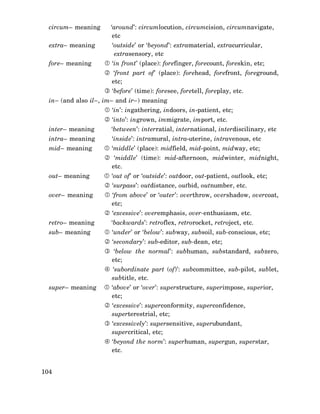 circum– meaning

‘around’: circumlocution, circumcision, circumnavigate,
etc

extra– meaning

‘outside’ or ‘beyond’: extramaterial, extracurricular,
extrasensory, etc

fore– meaning

‘in front’ (place): forefinger, forecount, foreskin, etc;
‘front part of’ (place): forehead, forefront, foreground,
etc;
‘before’ (time): foresee, foretell, foreplay, etc.

in– (and also il–, im– and ir–) meaning
‘in’: ingathering, indoors, in-patient, etc;
‘into’: ingrown, immigrate, import, etc.
inter– meaning

‘between’: interratial, international, interdiscilinary, etc

intra– meaning

‘inside’: intramural, intra-uterine, intravenous, etc

mid– meaning

‘middle’ (place): midfield, mid-point, midway, etc;
‘middle’ (time): mid-afternoon, midwinter, midnight,
etc.

out– meaning

‘out of’ or ‘outside’: outdoor, out-patient, outlook, etc;
‘surpass’: outdistance, outbid, outnumber, etc.

over– meaning

‘from above’ or ‘outer’: overthrow, overshadow, overcoat,
etc;
‘excessive’: overemphasis, over-enthusiasm, etc.

retro– meaning

‘backwards’: retroflex, retrorocket, retroject, etc.

sub– meaning

‘under’ or ‘below’: subway, subsoil, sub-conscious, etc;
‘secondary’: sub-editor, sub-dean, etc;
‘below the normal’: subhuman, substandard, subzero,
etc;
‘subordinate part (of)’: subcommittee, sub-pilot, sublet,
subtitle, etc.

super– meaning

‘above’ or ‘over’: superstructure, superimpose, superior,
etc;
‘excessive’: superconformity, superconfidence,
superterestrial, etc;
‘excessively’: supersensitive, superubundant,
supercritical, etc;
‘beyond the norm’: superhuman, supergun, superstar,
etc.

104

 