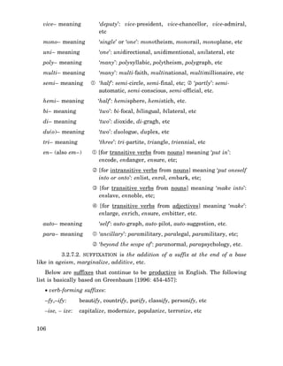 vice– meaning

‘deputy’: vice-president, vice-chancellor, vice-admiral,
etc

mono– meaning

‘single’ or ‘one’: monotheism, monorail, monoplane, etc

uni– meaning

‘one’: unidirectional, unidimentional, unilateral, etc

poly– meaning

‘many’: polysyllabic, polytheism, polygraph, etc

multi– meaning

‘many’: multi-faith, multinational, multimillionaire, etc

semi– meaning

‘half’: semi-circle, semi-final, etc;
‘partly’: semiautomatic, semi-conscious, semi-official, etc.

hemi– meaning

‘half’: hemisphere, hemistich, etc.

bi– meaning

‘two’: bi-focal, bilingual, bilateral, etc

di– meaning

‘two’: dioxide, di-gragh, etc

du(o)– meaning

‘two’: duologue, duplex, etc

tri– meaning

‘three’: tri-partite, triangle, triennial, etc

en– (also em–)

[for transitive verbs from nouns] meaning ‘put in’:
encode, endanger, ensure, etc;
[for intransitive verbs from nouns] meaning ‘put oneself
into or onto’: enlist, enrol, embark, etc;
[for transitive verbs from nouns] meaning ‘make into’:
enslave, ennoble, etc;
[for transitive verbs from adjectives] meaning ‘make’:
enlarge, enrich, ensure, embitter, etc.

auto– meaning

‘self’: auto-graph, auto-pilot, auto-suggestion, etc.

para– meaning

‘ancillary’: paramilitary, paralegal, paramilitary, etc;
‘beyond the scope of’: paranormal, parapsychology, etc.

3.2.7.2. SUFFIXATION is the addition of a suffix at the end of a base
like in ageism, marginalize, additive, etc.
Below are suffixes that continue to be productive in English. The following
list is basically based on Greenbaum [1996: 454-457]:
• verb-forming suffixes:
–fy,–ify:

beautify, countrify, purify, classify, personify, etc

–ise, – ize:

capitalize, modernize, popularize, terrorize, etc

106

 