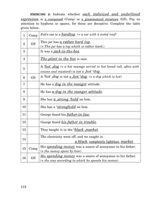 EXERCISE 2: Indicate whether

each italicized and underlined

expression is a compound (Comp) or a grammatical structure (GS). Pay no
attention to hyphens or spaces, for these are deceptive. Complete the table
given below:
1
2

Comp Jim’s car is a hardtop. (= a car with a metal roof)
GS

This jar has a rather hard top.
(= The jar has a top which is rather hard.)

3

It was a jack-in-the-box.

4

The plant in the box is rare.
A ‘hot ,dog (= a hot sausage served in hot bread roll, often with

5
6

onions and mustard) is not a ,hot ‘dog.
GS

A ‘hot ,dog is not a ,hot ‘dog. (= a dog which is hot)

7

He has a dog in the manger attitude.

8

He has a dog in the manger attitude.

9

She has a ,strong ‘hold on him.

10

She has a ‘stronghold on him.

11

George found his father-in-law.

12

George found his father in trouble.

13

They bought it in the ‘black ,market.
The electricity went off, and we caught in

14

a black, completely lightless, market.

15 Comp

His spending money was a source of annoyance to his father.
(= the money spent by him)

16

His spending money was a source of annoyance to his father.
(= the way according to which he spends his money)

112

GS

 