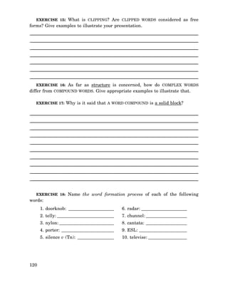 EXERCISE 15: What is CLIPPING? Are CLIPPED WORDS considered as free

forms? Give examples to illustrate your presentation.

________________________________________________________________________________________
________________________________________________________________________________________
________________________________________________________________________________________
________________________________________________________________________________________
________________________________________________________________________________________
________________________________________________________________________________________
________________________________________________________________________________________
EXERCISE 16: As far as structure is concerned, how do COMPLEX WORDS

differ from COMPOUND WORDS. Give appropriate examples to illustrate that.
EXERCISE 17: Why is it said that A WORD COMPOUND is a solid block?

________________________________________________________________________________________
________________________________________________________________________________________
________________________________________________________________________________________
________________________________________________________________________________________
________________________________________________________________________________________
________________________________________________________________________________________
________________________________________________________________________________________
________________________________________________________________________________________
________________________________________________________________________________________
________________________________________________________________________________________

EXERCISE 18: Name the word formation process of each of the following

words:

1. doorknob: ____________________
2. telly: _________________________

7. chunnel: __________________

3. nylon: ________________________

8. cantata: __________________

4. porter: _______________________

9. ESL: _____________________

5. silence v (Tn): ________________

120

6. radar: ____________________

10. televise: _________________

 
