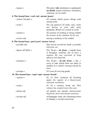 - impose v

[Tn] place (sth unwelcome or unpleasant)
on sb/sth: impose restriction, limitations,
restraints, etc (on trade).

8. The bound base –rod/ rod– means ‘gnaw’.
- rodent /‘r6υdnt/ n

[C] animal which gnaws things with
strong teeth.

- erode v

[Tn esp passive] (of acids, rain, wind,
etc) destroy or wear (sth) away
gradually: Metals are eroded by acids.

- erosion n

[U] process of eroding or being eroded:
the erosion of the coastline by the sea.

- erosive adj

having a tendency to be eroded.

9. The bound base –port/ port– means ‘carry’.
- portable adj

that can be carried by hand: a portable
television set.

- deport /d1‘p0:t/ v

[Tn, Tn.pr] ∼ sb (from …) legally force
(a foreigner, criminal, etc) to leave a
country: He was convicted of drug
offences and deported.

- transport v

[Tn, Tn.pr] ∼ sb/sth (from …) (to …)
carry or take sth/sb from one place to
another in a vehicle: transport goods by
lorry.

- portage n

[U] (cost of) carrying goods.

10. The bound base –rupt/ rupt– means ‘break’.
- rupture n

- erupt v

[I] (of a volcano) break out: This
volcano has erupted twice this year.

- abrupt adj

(of speech) not smooth, disconnected,
disjoined: short and abrupt sentences.

- corrupt adj

28

[U, C] (fml) (instance of) breaking
apart: the rupture of a blood-vessel,
seed-pod, membrane.

(of languages, texts, etc) containing errors
or changes: a corrupt manuscript.

 