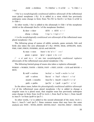child → children

/‘t~1ldr6n/ = /t~a1ld

→

/−6n/

‘t~1ldr−/ +

/−6n/ is a morphologically conditioned additive allomorph of the inflectional
noun plural morpheme {−S1}. It is added to a stem which has previously
undergone some change in form: from /‘br∧56/ to /bre5r−/ or from /t~a1ld/ to
/t~1ldr−/.
In other words, /−6n/ is added to the allomorph /t~1ldr−/ of the morpheme
{child} or the allomorph /bre5r−/ of the morpheme {brother}.
3. deer → deer

/d16/

sheep → sheep

= /d16/ + / - /

/~i:p / = /~i:p/ + / - /

/-/ is the morphologically conditioned zero allomorph of the inflectional noun
plural morpheme {−S1}.
The following group of names of edible animals, game animals, fish and
birds also takes the zero allomorph of {−S1}: SWINE, BEAR, ANTELOPE, BASS,
PIKE, CARP, PERCH, PICKEREL, QUAIL and GROUSE.
4. man → men
goose → geese

/men/ = /m`n/ + / ` → e /
/gi:s/ = /gu:s/ + /u: → i:/

/` → e/ and /u:→
i:/ are two morphologically conditioned replacive
allomorphs of the inflectional noun plural morpheme {−S1}.
The following limited group of nouns also takes a replacive allomorph:
WOMAN → WOMEN, TOOTH → TEETH, FOOT → FEET, LOUSE → LICE and MOUSE →

MICE.

5. wolf → wolves

/wυlvz/ = / wυlf → wυlv−/ + /−z/

calf → calves

/ka:vz/

= / ka:f → ka:v−/

mouth → mouths

/maυ5z/ = /maυθ → maυ5−/ + /−z/

path → paths

/pa:5z/

= / pa:θ → pa:5−/

+ /−z/
+ /−z/

In the above cases, before the phonologically conditioned additive allomorph
/−z/ of the inflectional noun plural morpheme {−S1} is added to change a
singular noun to a plural noun, that singular noun has previously undergone
some change in form: from /wυlf/ to /wυlv−/, from /ka:f/ to /ka:v−/, from /maυθ/
to /maυ5−/ or from /pa:θ/ to /pa:5−/.
In other words, /−z/ is added to the second allomorph of the stem: /wυlv−/,
/ka:v−/, /maυ5−/ and /pa:5−/. Some common nouns that may have the same
analysis are: WIFE − WIVES, KNIFE− KNIVES, HALF − HALVES, SHELF − SHELVES,
33

 