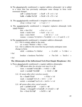 2. The phonologically conditioned (= regular) additive allomorph /−z/ is added
to a stem that has previously undergone some change in form (with
consonant change):
calf → calves /ka:vz /
= /ka:f/ + /f → v/ + /−z/
= /ba:θ/ + /θ → 5/ + /−z/
bath → baths /ba:5z/
3. The morphologically conditioned (= irregular) zero allomorph /-/:
sheep → sheep /~i:p/
= /~i:p/ + / - /
4. The morphologically conditioned (= irregular) replacive allomorph (with
vowel change):
foot → feet /fi:t/
= /fυt/ + /υ → i:/
tooth → teeth /ti:θ/
= /tu:θ/ + /u: → i:/
man → men /men/
= /m`n/ + /` → e/
woman → women /‘w1m1n/ = /‘wυm6n/ + /υ → 1/ and /6 → 1/
5. The morphologically conditioned (= irregular) additive allomorph:
5.1. /−6n/ is simply added to the stem:
ox → oxen /‘4ks6n/ = /4ks/ + /−6n/
5.2. /−6n/ is added to the stem that has previously undergone some
change in form:
child → children /‘t~1ldr6n/
= /t~a1ld → ‘t~1ldr−/ +
/−6n/
brother → brethren /‘bre5r6n/
= /‘br∧5r6 → ‘bre5r−/ +
/−6n/
The Allomorphs of the Inflectional Verb Past Simple Morpheme {−D1}
1. Three phonologically conditioned (= regular) additive allomorphs:
1.1. /−1d/ occurs after the alveolar oral stop /t/ or /d/:
want → wanted /‘w4nt1d/ = / w4nt/ + /−1d/
need → needed /‘ni:d1d/
= /ni:d/ + /−1d/
1.2. /−t/ occurs after other voiceless sounds:

= /f1ks/ + /−t/
fix → fixed /f1kst/
wash → washed /‘w4~t/ = /w4~/ + /−t/
switch → switched /‘sw1t~t/ = /sw1t~/ + /−t/

1.3. /−d/ occurs after other voiced sounds:
pull → pulled /pυld/
= /pυl/ + /−d/
change → changed /t~e1nd2d/ = /t~e1nd2/ + /−d/
= /fa16/ + /−d/
fire → fired /fa16d/
37

 