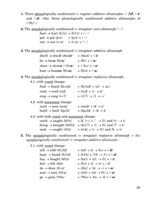 1. Three phonologically conditioned (= regular) additive allomorphs: /−1d/, /−t/
and /−d/. (See ‘three phonologically conditioned additive allomorphs of
{−D1}’.)
2. The morphologically conditioned (= irregular) zero allomorph / - /:
hurt → hurt /h3:t/ = /h3:t/ + / - /
put → put /pυt/
= /pυt/ + / - /
run → run /r∧n/
= /r∧n/ + / - /
3. The morphologically conditioned (= irregular) additive allomorph:
dwell → dwelt /dwelt/

= /dwel/ + /−t/

be → been /bi:n/

= /bi:/ + /−n/

show → shown /~6υn/

= /~6υ/ + /−n/

beat → beaten /bi:tn/

= /bi:t/ + /−n/

4. The morphologically conditioned (= irregular) replacive allomorph:
4.1. with vowel change:
find → found /faυnd/

= /fa1nd/ + /a1 → aυ/

read → read /red/

= /ri:d/ + /i: → e/

ring → rung /r∧7/

= /r17/ + /1 → ∧/

4.2. with consonant change:
send → sent /sent/
build → built /bju:lt/

= /send/ + /d → t/
= /bju:ld/ + /d → t/

4.3. with both vowel and consonant change:
catch → caught /k0:t/
= /k`t~/ + /` → 0:/ and /t~ → t/
bring → brought /br0:t/ = /br17/ + /1 → 0:/ and /7 → t/
seek → sought /s0:t/
= /si:k/ + /i: → 0:/ and /k → t/
5. The morphologically conditioned (= irregular) replacive allomorph + the
morphologically conditioned (= irregular) additive allomorph:
5.1. with vowel change:
tell → told /t6υld/
hear → heard /h3:d/
buy → bought /b0:t/
feel → felt /felt/
do → done /d∧n/
tear → torn /t0:n/
go → gone /94n/

=
=
=
=
=
=
=

/tel/ + /e → 6υ/ + /−d/
/h16/ + /16 → 3:/ + /−d/
/ba1/ + /a1 → 0:/ + /−t/
/fi:l/ + /i: → e/ + /−t/
/du:/ + /u: → ∧/ + /−n/
/te6/ + /e6 → 0:/ + /−n/
/96υ/ + /6υ → 4/ + /−n/
39

 