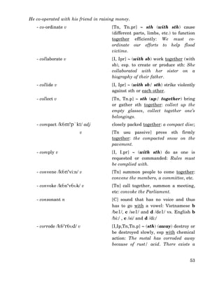 He co-operated with his friend in raising money.
- co-ordinate v

[Tn, Tn.pr] ∼ sth (with sth) cause
(different parts, limbs, etc.) to function
together efficiently: We must coordinate our efforts to help flood
victims.

- collaborate v

[I, Ipr] ∼ (with sb) work together (with
sb), esp. to create or produce sth: She
collaborated with her sister on a
biography of their father.

- collide v

[I, Ipr] ∼ (with sb/ sth) strike violently
against sth or each other.

- collect v

[Tn, Tn.p] ∼ sth (up/ together) bring
or gather sth together: collect up the
empty glasses, collect together one’s
belongings.

- compact /k6m‘p`kt/ adj

closely packed together: a compact disc;

v

[Tn usu passive] press sth firmly
together: the compacted snow on the
pavement.

- comply v

[I, I.pr] ∼ (with sth) do as one is
requested or commanded: Rules must
be complied with.

- convene /k6n‘vi:n/ v

[Tn] summon people to come together:
convene the members, a committee, etc.

- convoke /k6n‘v6υk/ v

[Tn] call together, summon a meeting,
etc: convoke the Parliament.

- consonant n

[C] sound that has no voice and thus
has to go with a vowel: Vietnamese b
/be1/, c /se1/ and d /de1/ vs. English b
/bi:/ , c /si/ and d /di:/

- corrode /k6‘r6υd/ v

[I,Ip,Tn,Tn.p] ∼ (sth) (away) destroy or
be destroyed slowly, esp with chemical
action: The metal has corroded away
because of rust/ acid. There exists a
53

 