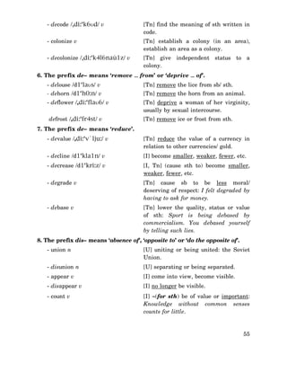 - decode /,di:‘k6υd/ v

[Tn] find the meaning of sth written in
code.

- colonize v

[Tn] establish a colony (in an area),
establish an area as a colony.

- decolonize /,di:‘k4l6naù1z/ v

[Tn] give independent status to a
colony.

6. The prefix de– means ‘remove … from’ or ‘deprive … of’.
- delouse /d1‘laυs/ v

[Tn] remove the lice from sb/ sth.

- dehorn /d1‘h0:n/ v

[Tn] remove the horn from an animal.

- deflower /,di:‘flaυ6/ v

[Tn] deprive a woman of her virginity,
usually by sexual intercourse.

defrost /,di:‘fr4st/ v

[Tn] remove ice or frost from sth.

7. The prefix de– means ‘reduce’.
- devalue /,di:‘v`lju:/ v

[Tn] reduce the value of a currency in
relation to other currencies/ gold.

- decline /d1‘kla1n/ v

[I] become smaller, weaker, fewer, etc.

- decrease /d1‘kri:z/ v

[I, Tn] (cause sth to) become smaller,
weaker, fewer, etc.

- degrade v

[Tn] cause sb to be less moral/
deserving of respect: I felt degraded by
having to ask for money.

- debase v

[Tn] lower the quality, status or value
of sth: Sport is being debased by
commercialism. You debased yourself
by telling such lies.

8. The prefix dis– means ‘absence of’, ‘opposite to’ or ‘do the opposite of’.
- union n

[U] uniting or being united: the Soviet
Union.

- disunion n

[U] separating or being separated.

- appear v

[I] come into view, become visible.

- disappear v

[I] no longer be visible.

- count v

[I] ∼(for sth) be of value or important:
Knowledge without common senses
counts for little.

55

 