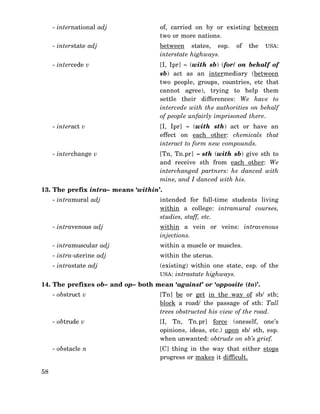 - international adj

of, carried on by or existing between
two or more nations.

- interstate adj

between states, esp.
interstate highways.

- intercede v

[I, Ipr] ∼ (with sb) (for/ on behalf of
sb) act as an intermediary (between
two people, groups, countries, etc that
cannot agree), trying to help them
settle their differences: We have to
intercede with the authorities on behalf
of people unfairly imprisoned there.

- interact v

[I, Ipr] ∼ (with sth) act or have an
effect on each other: chemicals that
interact to form new compounds.

- interchange v

[Tn, Tn.pr] ∼ sth (with sb) give sth to
and receive sth from each other: We
interchanged partners: he danced with
mine, and I danced with his.

of

the

USA:

13. The prefix intra– means ‘within’.
- intramural adj

intended for full-time students living
within a college: intramural courses,
studies, staff, etc.

- intravenous adj

within a vein or veins: intravenous
injections.

- intramuscular adj

within a muscle or muscles.

- intra-uterine adj

within the uterus.

- intrastate adj

(existing) within one state, esp. of the
USA: intrastate highways.

14. The prefixes ob– and op– both mean ‘against’ or ‘opposite (to)’.
- obstruct v

- obtrude v

[I, Tn, Tn.pr] force (oneself, one’s
opinions, ideas, etc.) upon sb/ sth, esp.
when unwanted: obtrude on sb’s grief.

- obstacle n
58

[Tn] be or get in the way of sb/ sth;
block a road/ the passage of sth: Tall
trees obstructed his view of the road.

[C] thing in the way that either stops
progress or makes it difficult.

 