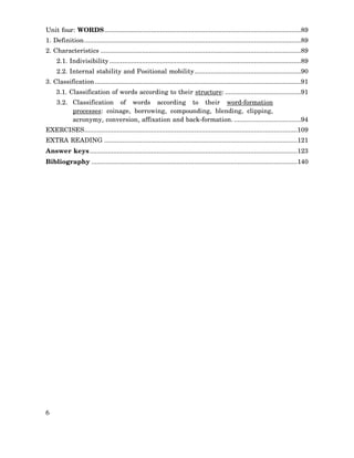Unit four: WORDS.............................................................................................................89
1. Definition........................................................................................................................89
2. Characteristics ...............................................................................................................89
2.1. Indivisibility ..........................................................................................................89
2.2. Internal stability and Positional mobility...........................................................90
3. Classification ..................................................................................................................91
3.1. Classification of words according to their structure: ..........................................91
3.2. Classification of words according to their word-formation
processes: coinage, borrowing, compounding, blending, clipping,
acronymy, conversion, affixation and back-formation. .....................................94
EXERCISES......................................................................................................................109
EXTRA READING ...........................................................................................................121
Answer keys ...................................................................................................................123
Bibliography ..................................................................................................................140

6

 