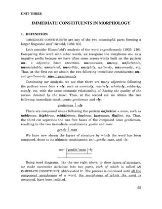 UNIT THREE

IMMEDIATE CONSTITUENTS IN MORPHOLOGY
1. DEFINITION
‘IMMEDIATE CONSTITUENTS are any of the two meaningful parts forming a
larger linguistic unit’ [Arnold, 1986: 83].
Let’s consider Bloomfield’s analysis of the word ungentlemanly [1935: 210].
Comparing this word with other words, we recognize the morpheme un– as a
negative prefix because we have often come across words built on the pattern
un– + adjective base: uncertain, unconscious, uneasy, unfortunate,
unmistakable, unnatural, unearthly, unsightly, untimely, unwomanly, etc.
Thus, at the first cut we obtain the two following immediate constituents: un–
and gentlemanly: un– gentlemanly
Continuing our analysis, we see that there are many adjectives following
the pattern noun base + –ly, such as womanly, masterly, scholarly, soldierly,
manly, etc. with the same semantic relationship of ‘having the quality of the
person denoted by the base’. Thus, at the second cut we obtain the two
following immediate constituents: gentleman and –ly:
gentleman

–ly

There are compound nouns following the pattern adjective + noun, such as
nobleman, highbrow, middlebrow, lowbrow, lazysusan, flatfoot, etc. Thus,
the third cut separates the two free bases of the compound noun gentleman,
resulting in the two immediate constituents: gentle and man:
gentle

man

We have now shown the layers of structure by which the word has been
composed, down to its ultimate constituents: un–, gentle, man, and –ly.
un–

gentle man –ly

Doing word diagrams, like the one right above, to show layers of structure,
we make successive divisions into two parts, each of which is called AN
IMMEDIATE CONSTITUENT, abbreviated IC. The process is continued until all the
component morphemes of a word, the morphemes of which the word is
composed, have been isolated.
65

 