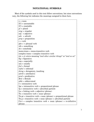 NOTATIONAL SYMBOLS
Most of the symbols used in this text follow conventions, but since conventions
vary, the following list indicates the meanings assigned to them here.
n = noun
[U] = uncountable
[C] = countable
pl = plural
sing = singular
adj = adjective
adv = adverb
prep = preposition
v = verb
phr v = phrasal verb
sth = something
sb = somebody
mono-trans = mono-transitive verb
complex trans = complex transitive verb
etc = et cetera meaning “and other similar things” or “and so on”
fig = figurative
esp = especially
usu = usually
fml = formal
infml = informal
derog = derogatory, insulting
attrib = attributive
pred = predicative
Brit = British
abbr = abbreviated
I = intransitive verb
Ipr = intransitive verb + prepositional phrase
Ip = intransitive verb + adverbial particle
La = linking verb + adjective (phrase)
Tn = transitive verb + noun (phrase)
Tn.pr = transitive verb + noun (phrase) + prepositional phrase
Tn.p = transitive verb + noun (phrase) + adverbial particle
Cn.t = complex transitive verb + noun (phrase) + to-infinitive
phrase
7

 