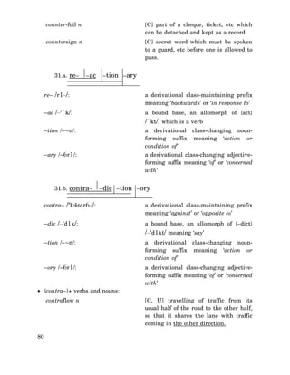 counter-foil n

[C] part of a cheque, ticket, etc which
can be detached and kept as a record.

countersign n

[C] secret word which must be spoken
to a guard, etc before one is allowed to
pass.

31.a. re–

–ac

–tion –ary

re– /r1–/:

a derivational class-maintaining prefix
meaning ‘backwards’ or ‘in response to’

–ac /–‘`k/:

a bound base, an allomorph of {act}

/`kt/, which is a verb
–tion /–~n/:

a derivational class-changing nounforming suffix meaning ‘action or
condition of’

–ary /–6r1/:

a derivational class-changing adjectiveforming suffix meaning ‘of’ or ‘concerned
with’

31.b. contra–

–dic –tion –ory

contra– /‘k4ntr6–/:

a derivational class-maintaining prefix
meaning ‘against’ or ‘opposite to’

–dic /–‘d1k/:

a bound base, an allomorph of {–dict}

/–‘d1kt/ meaning ‘say’
–tion /–~n/:

a derivational class-changing nounforming suffix meaning ‘action or
condition of’

–ory /–6r1/:

a derivational class-changing adjectiveforming suffix meaning ‘of’ or ‘concerned
with’

• {contra–}+ verbs and nouns:
contraflow n

80

[C, U] travelling of traffic from its
usual half of the road to the other half,
so that it shares the lane with traffic
coming in the other direction.

 