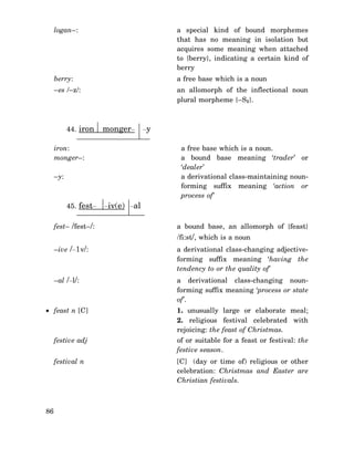 logan–:

a special kind of bound morphemes
that has no meaning in isolation but
acquires some meaning when attached
to {berry}, indicating a certain kind of
berry

berry:

a free base which is a noun

–es /–z/:

an allomorph of the inflectional noun
plural morpheme {–S1}.

44. iron

monger–

iron:
monger–:

a free base which is a noun.
a bound base meaning ‘trader’ or
‘dealer’
a derivational class-maintaining nounforming suffix meaning ‘action or
process of’

–y:

45. fest–
fest– /fest–/:

–y

–iv(e) –al
a bound base, an allomorph of {feast}

/fi:st/, which is a noun
–ive /–1v/:

a derivational class-changing adjectiveforming suffix meaning ‘having the
tendency to or the quality of’

–al /–l/:

a derivational class-changing nounforming suffix meaning ‘process or state
of’.

• feast n [C]

1. unusually large or elaborate meal;
2. religious festival celebrated with
rejoicing: the feast of Christmas.

festive adj

of or suitable for a feast or festival: the
festive season.

festival n

[C] (day or time of) religious or other
celebration: Christmas and Easter are
Christian festivals.

86

 