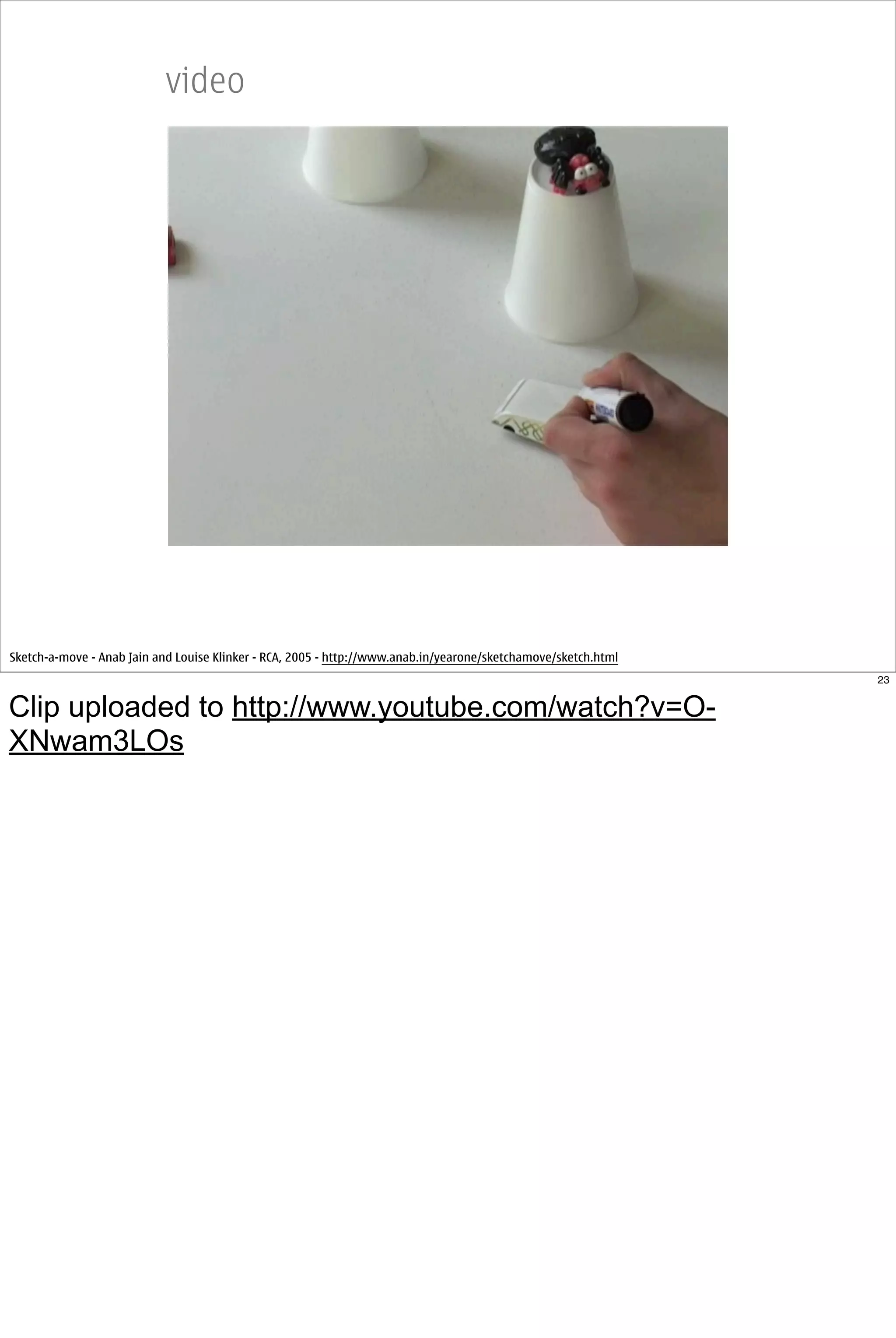 video




Sketch-a-move - Anab Jain and Louise Klinker - RCA, 2005 - http://www.anab.in/yearone/sketchamove/sketch.html
                                                                                                                23


Clip uploaded to http://www.youtube.com/watch?v=O-
XNwam3LOs
 