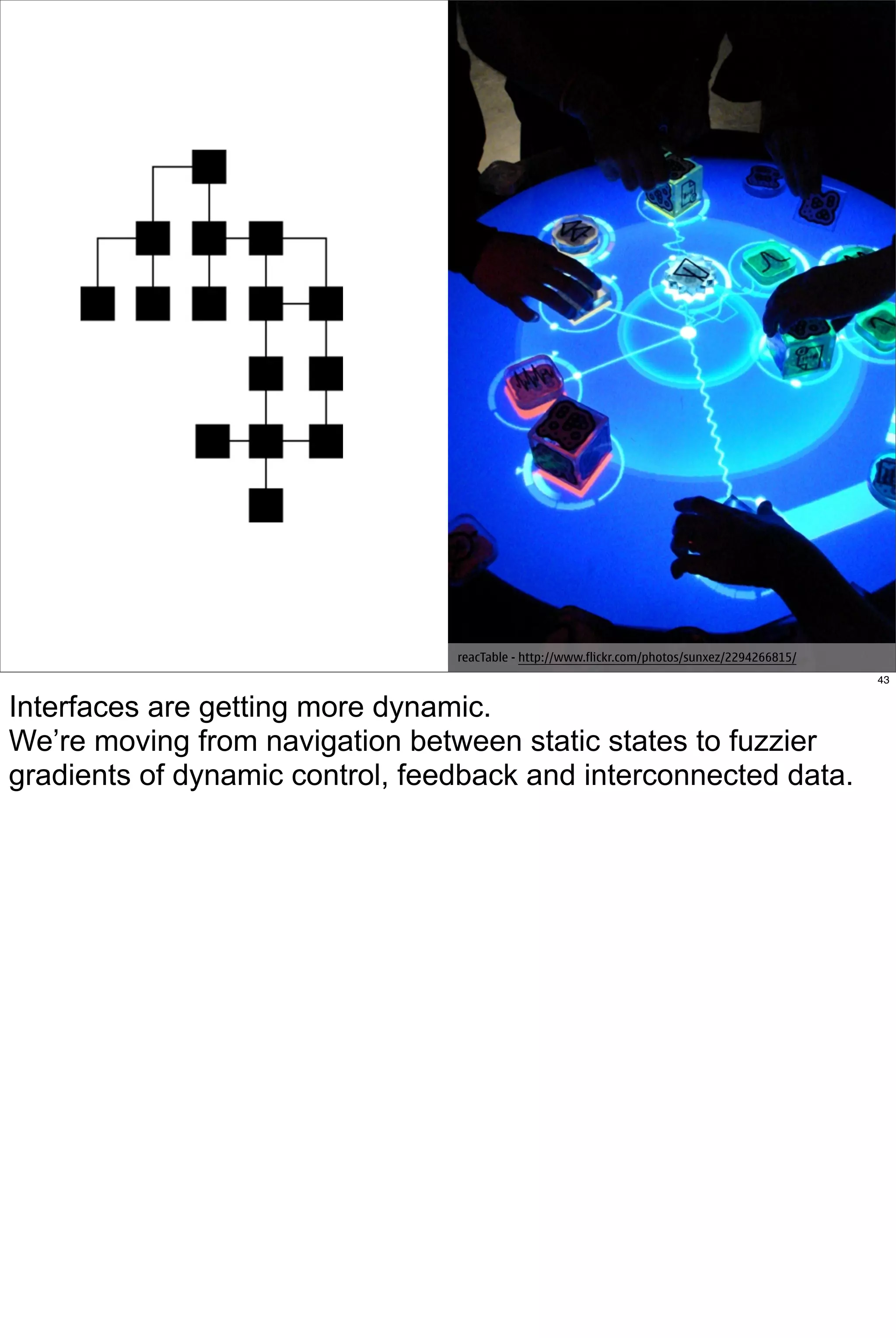 reacTable - http://www.flickr.com/photos/sunxez/2294266815/
                                                                                               43


Interfaces are getting more dynamic.
We’re moving from navigation between static states to fuzzier
gradients of dynamic control, feedback and interconnected data.
 