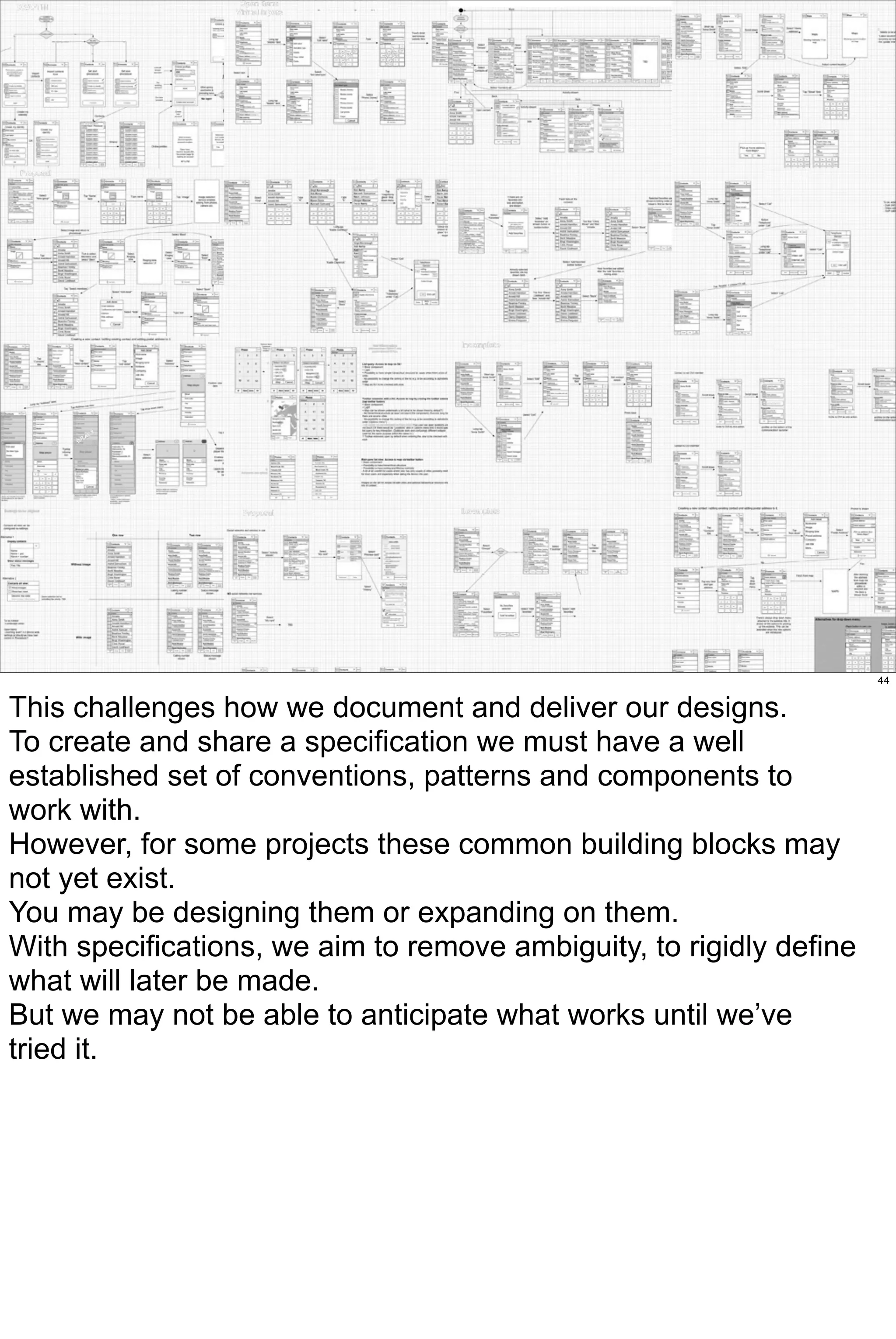 44


This challenges how we document and deliver our designs.
To create and share a specification we must have a well
established set of conventions, patterns and components to
work with.
However, for some projects these common building blocks may
not yet exist.
You may be designing them or expanding on them.
With specifications, we aim to remove ambiguity, to rigidly define
what will later be made.
But we may not be able to anticipate what works until we’ve
tried it.
 