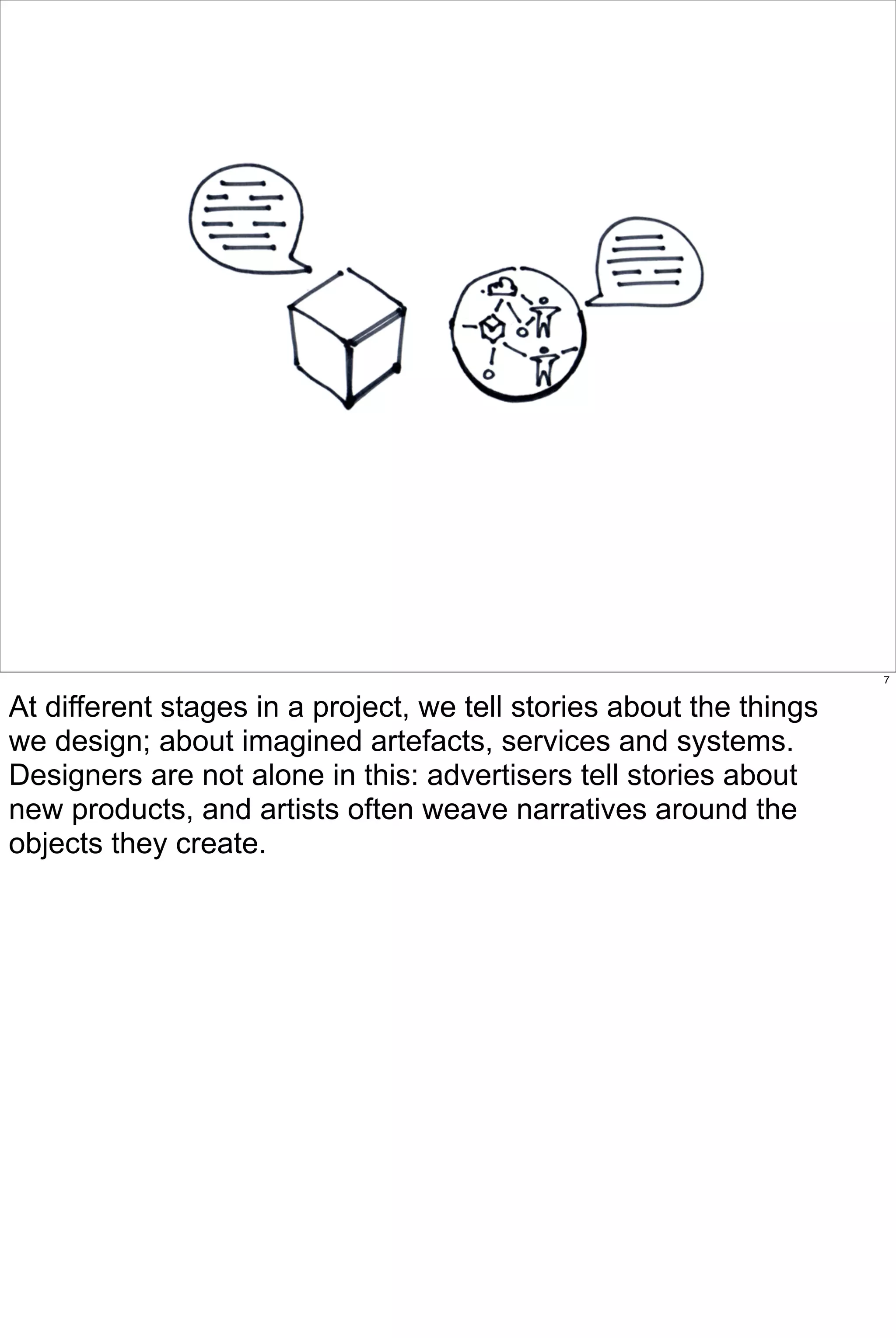 7


At different stages in a project, we tell stories about the things
we design; about imagined artefacts, services and systems.
Designers are not alone in this: advertisers tell stories about
new products, and artists often weave narratives around the
objects they create.
 