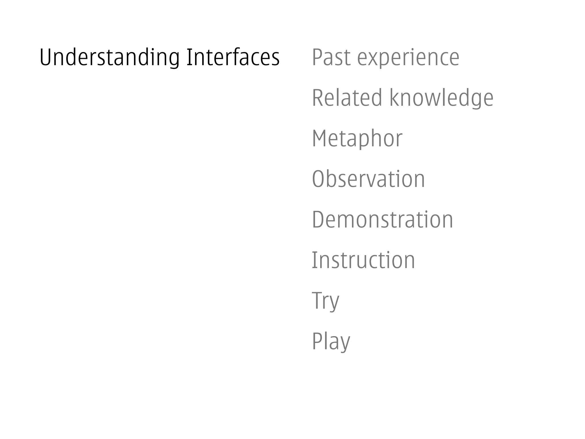 Understanding Interfaces   Past experience
                           Related knowledge
                           Metaphor
                           Observation
                           Demonstration
                           Instruction
                           Try
                           Play
 