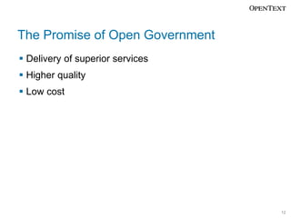 The Promise of Open Government
Delivery of superior services
Higher quality

Low cost

12

 