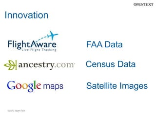 Innovation
FAA Data

Census Data
Satellite Images
©2012 OpenText

 