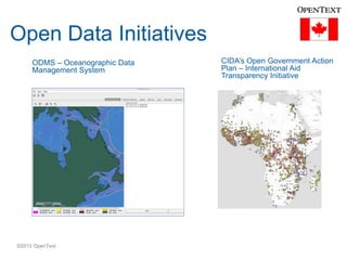 Open Data Initiatives
ODMS Oceanographic Data
Management System

©2012 OpenText

Plan International Aid
Transparency Initiative

 