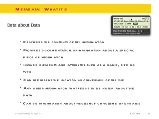 Metadata:  What it is Data about Data Describes the contents of the information Provides documentation or information about a specific piece of information Include elements and attributes such as a name, size or type Can represent the location or ownership of the file Any other information that needs to be noted about the data Can be information about frequency or volume of updates 